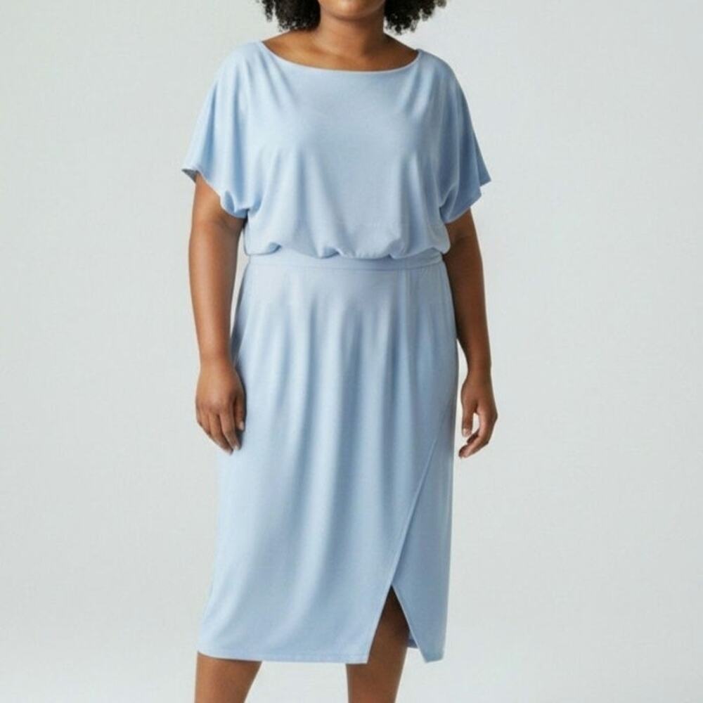 Kensie Blue Blouson Overlay Midi Dress Tulip Hem Women's Size 14